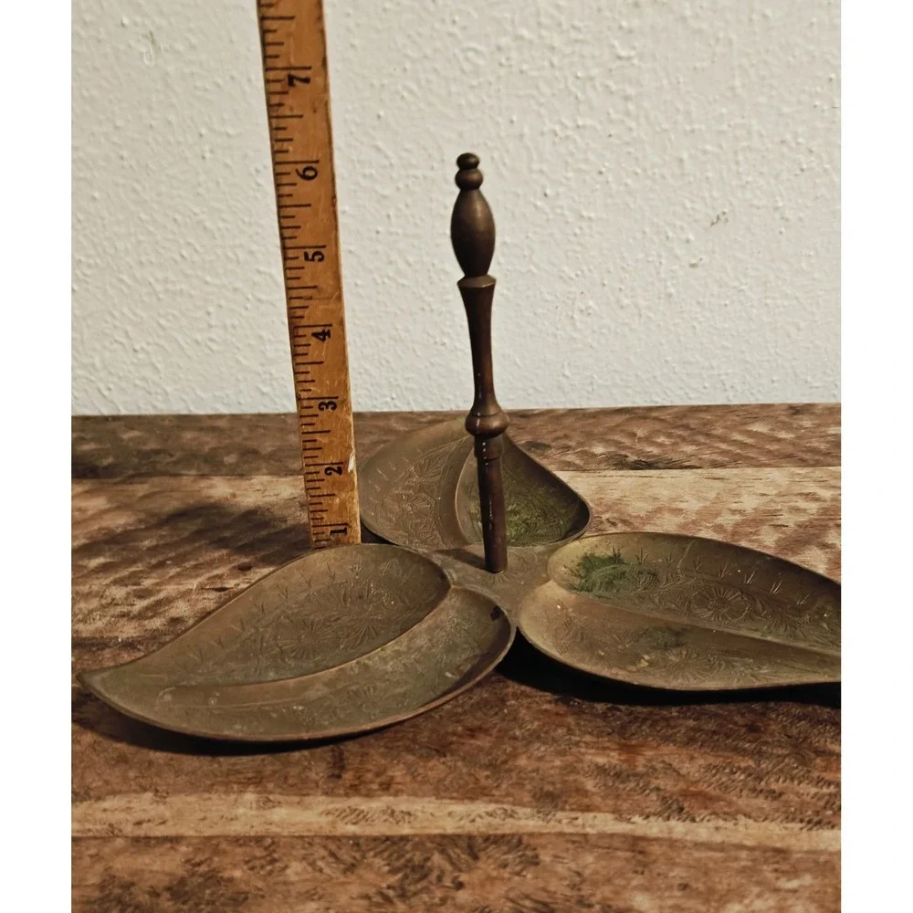 Vintage Brass Engraved Leaf Shape Handcrafted Dry Fruit Bowl, Nice Patina
